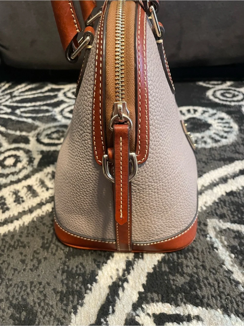 Dooney & Bourke Beige Pebbled Leather Satchel with Brown Trim